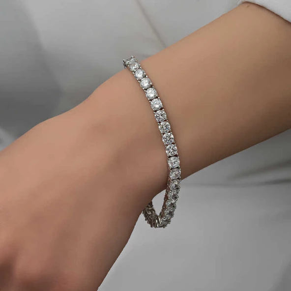 Gümüş 5 mm Beyaz Taşlı Su Yolu Kadın Bileklik SL5338 - 2