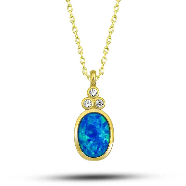 Gümüş Gold Mavi Opal Taşlı Ananas Kadın Kolye SL5699 ürün görseli
