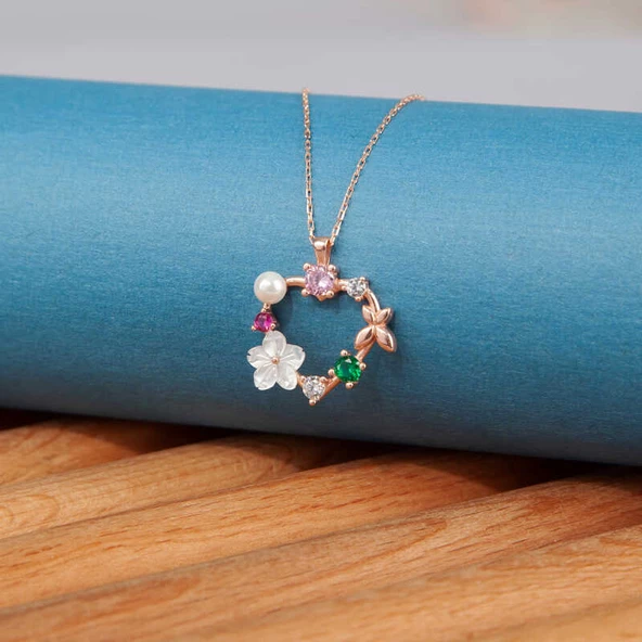 Gümüş Rose Kalp Manolya Çiçeği Kelebek Kadın Kolye SL5380 ürün görseli