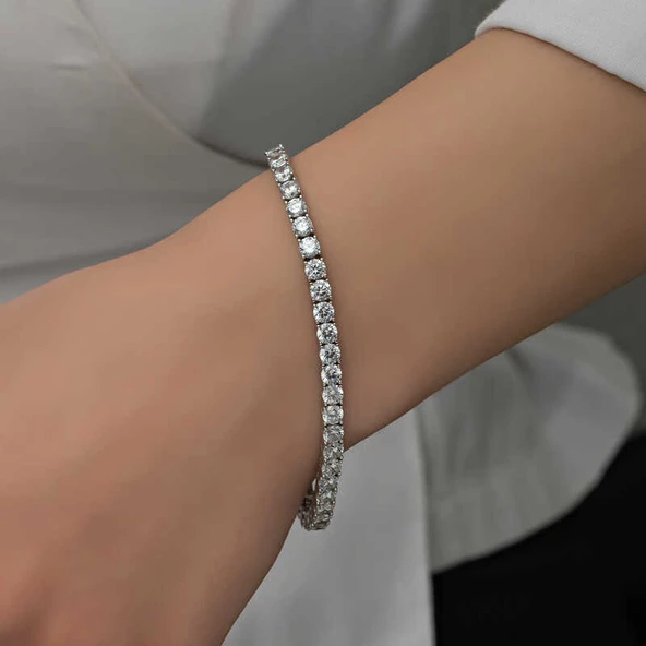 Gümüş 5 mm Beyaz Taşlı Su Yolu Kadın Bileklik SL5338 - 6