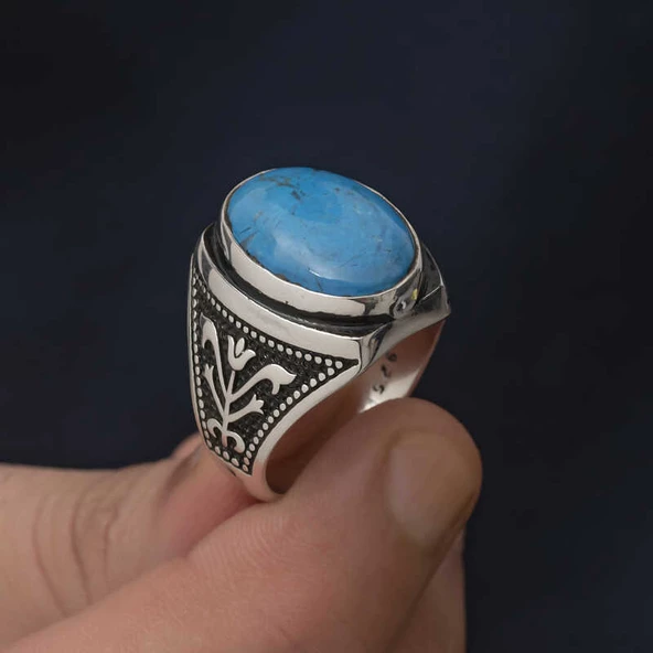 Gümüş Zirkon Turkuaz Taşlı Oval Erkek Yüzük SL5003 - Resim 5