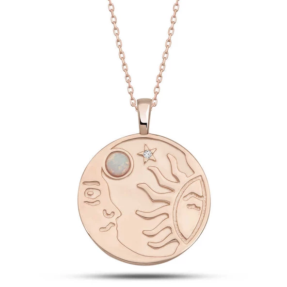 Gümüş Rose Opal Beyaz Taşlı Ay Güneş Kadın Kolye SL5576