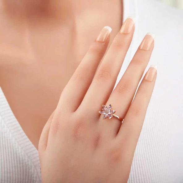 Gümüş Rose Lila Taşlı Lotus Çiçeği Kadın Yüzük SL5369 - Resim 2