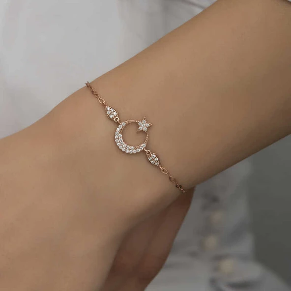 Gümüş Rose Ay Yıldız Kadın Bileklik SL5247 - Resim 11