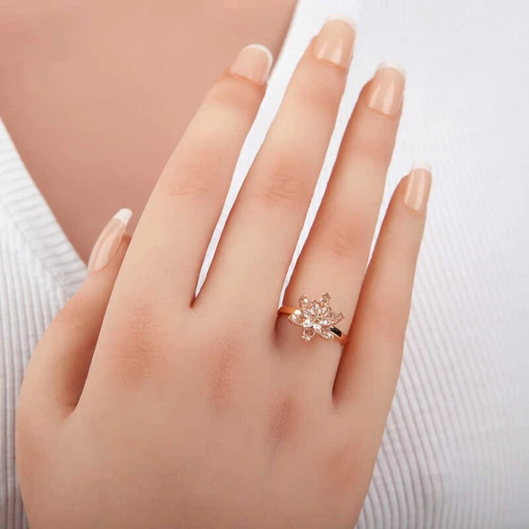 Gümüş Rose Beyaz Taşlı Lotus Çiçeği Kadın Yüzük SL5368 - Resim 2