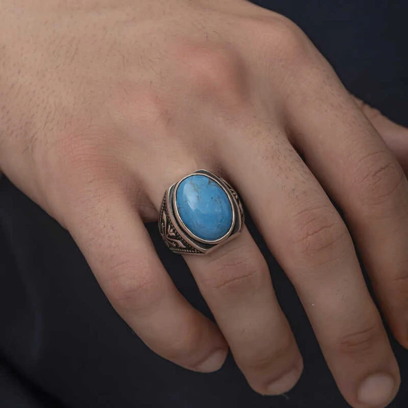 Gümüş Zirkon Turkuaz Taşlı Oval Erkek Yüzük SL5003 - Resim 8