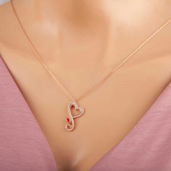 Gümüş Rose Kalpli Kelebek Kadın Kolye SL5311 - Resim 2