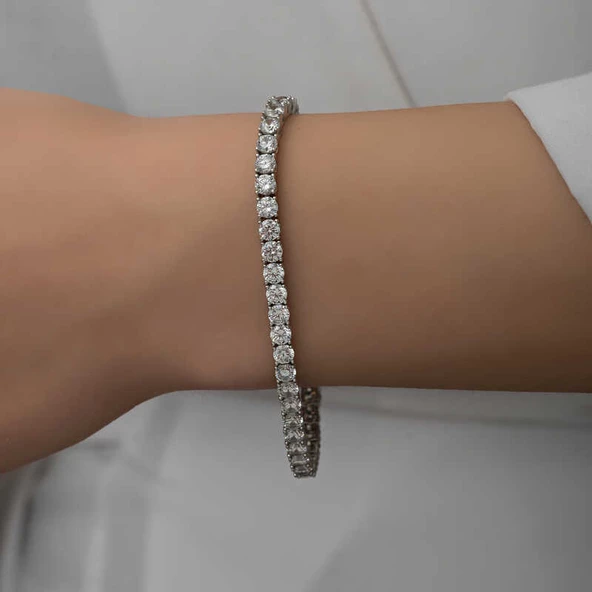 Gümüş 5 mm Beyaz Taşlı Su Yolu Kadın Bileklik SL5338 - 4