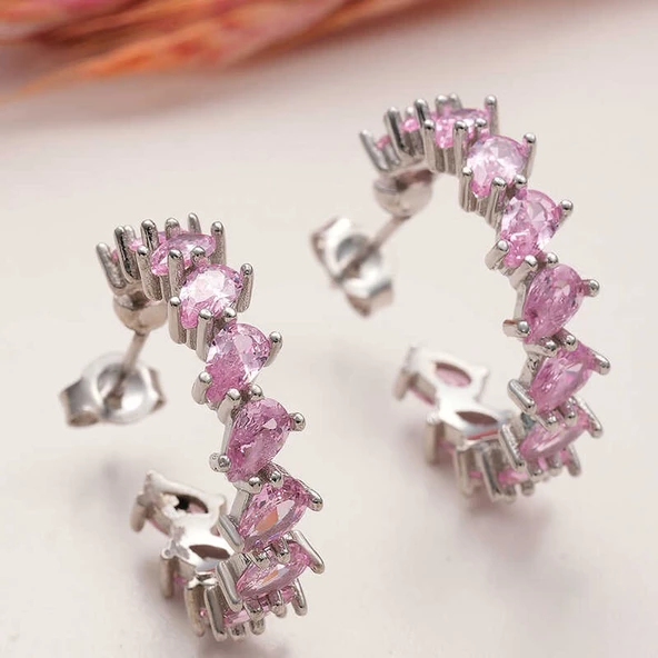 Gümüş Toz Pembe Taşlı Damla Çivili Kadın Küpe SL6015 ürün görseli