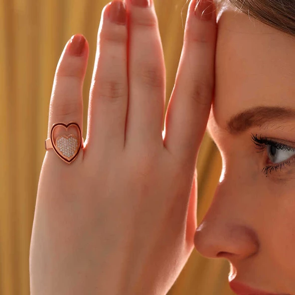 Gümüş Rose Beyaz Taşlı Kalpli Kadın Yüzük SL6200 - Resim 2