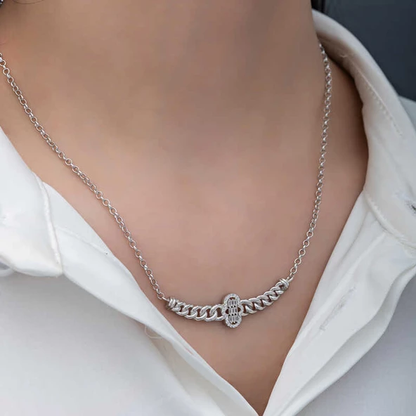 Gümüş Gurmet Zincirli Fatma Ana Eli Baget Taşlı Kadın Kolye SL6163 - Resim 4