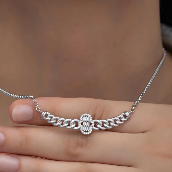 Gümüş Gurmet Zincirli Fatma Ana Eli Baget Taşlı Kadın Kolye SL6163 ürün görseli