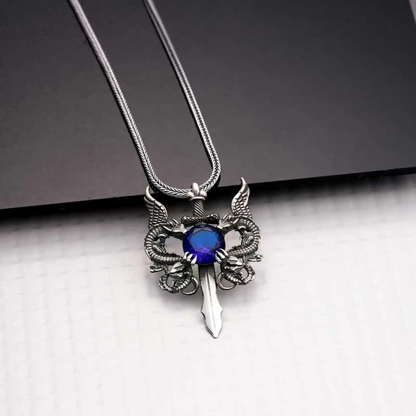 Gümüş Mavi Taşlı Ejderha Erkek Kolye SL5942 - Resim 2