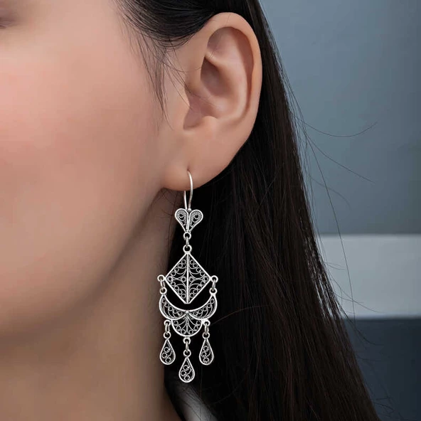 Gümüş Telkari Sallantılı Kadın Küpe  SL6241 - Resim 3