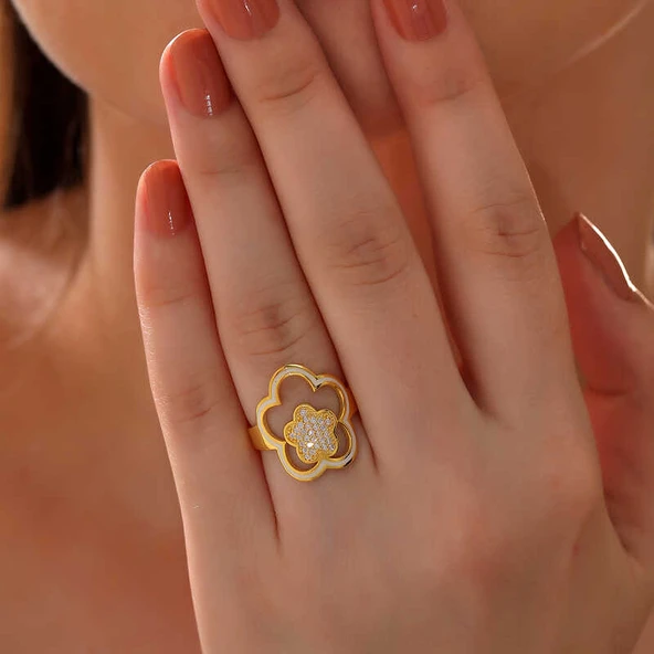 ​Gümüş Gold Çiçek Desenli Kadın Yüzük SL6192 - Resim 4