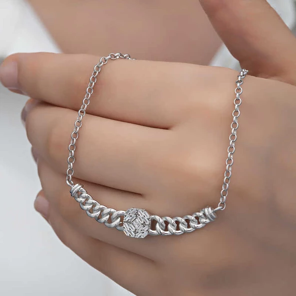 Gümüş Gurmet Zincirli Kare Baget Taşlı Kadın Kolye SL6159 - Resim 9