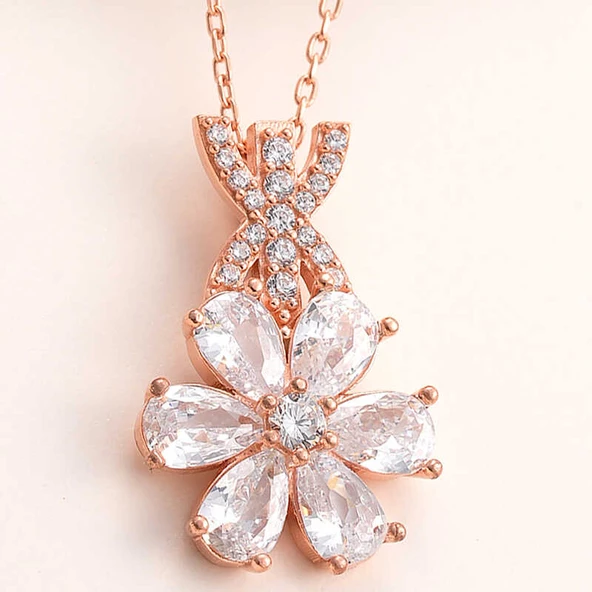 Gümüş Rose Beyaz Sevgi Çiçeği Kadın Kolye SL5988 - Resim 3