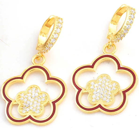 ​Gümüş Gold Sallantılı Çiçek Desenli Kadın Küpe SL6173 - Resim 2