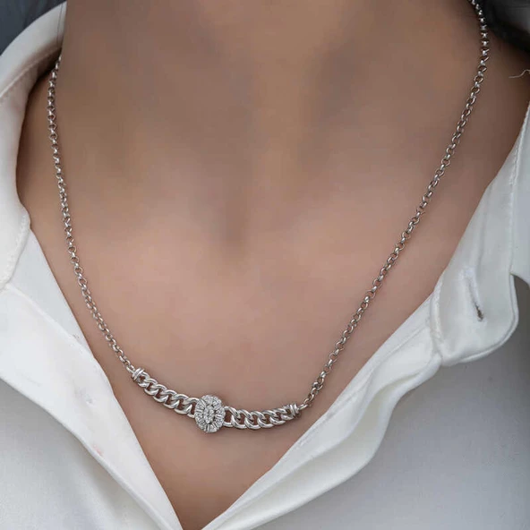 Gümüş Gurmet Zincirli Oval Baget Taşlı Kadın Kolye SL6157 - Resim 5