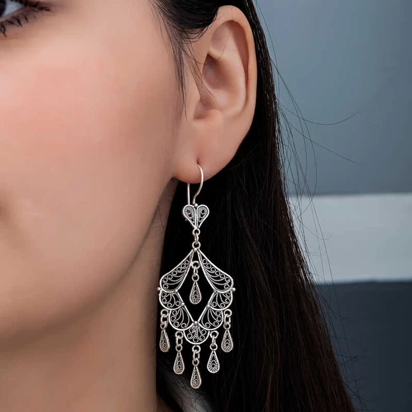 Gümüş Telkari Sallantılı Kadın Küpe - Resim 7