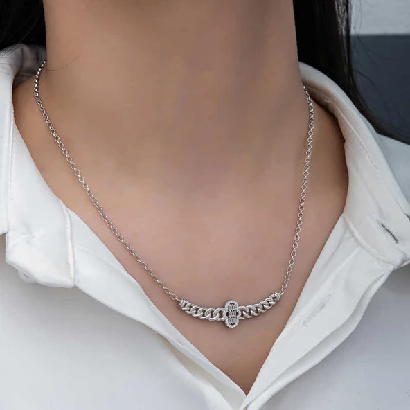 Gümüş Gurmet Zincirli Fatma Ana Eli Baget Taşlı Kadın Kolye SL6163 - Resim 5