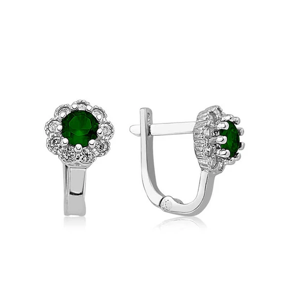 Gümüş Yeşil Çiçek Desenli Yuvarlak J Kadın Küpe SL5746 ürün görseli