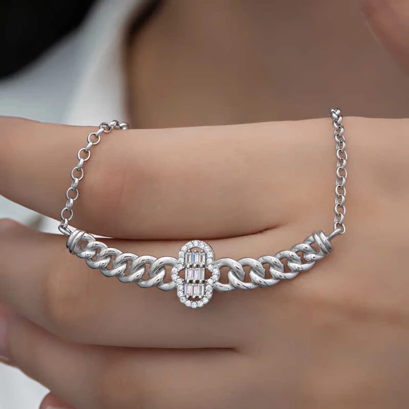 Gümüş Gurmet Zincirli Fatma Ana Eli Baget Taşlı Kadın Kolye SL6163 - Resim 2