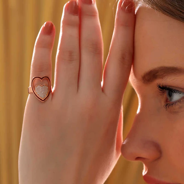 Gümüş Rose Beyaz Taşlı Kalpli Kadın Yüzük SL6200 - Resim 4