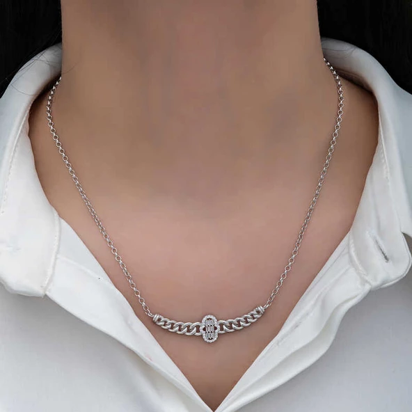 Gümüş Gurmet Zincirli Fatma Ana Eli Baget Taşlı Kadın Kolye SL6163 - Resim 3