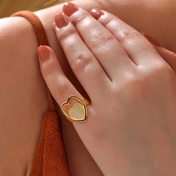 Gümüş Gold Beyaz Taşlı Kalpli Kadın Yüzük SL6199 - Resim 2