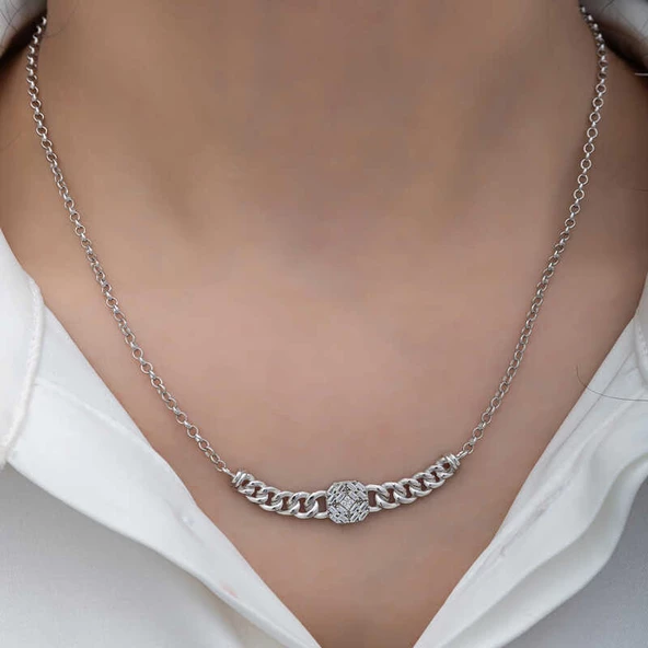 Gümüş Gurmet Zincirli Kare Baget Taşlı Kadın Kolye SL6159 - Resim 6