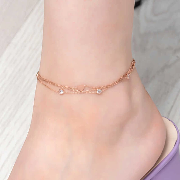 Gümüş Rose Çift Zincirli Kalp Zirkon Taşlı Halhal SL6081