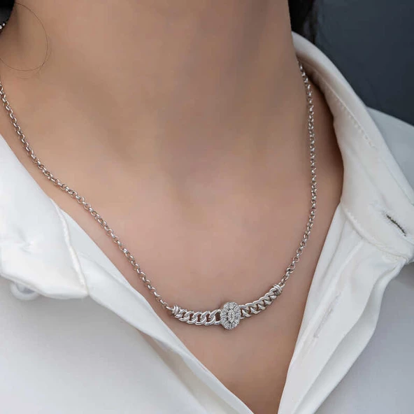 Gümüş Gurmet Zincirli Oval Baget Taşlı Kadın Kolye SL6157 - Resim 10