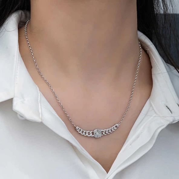 Gümüş Gurmet Zincirli Kare Baget Taşlı Kadın Kolye SL6159 - Resim 5