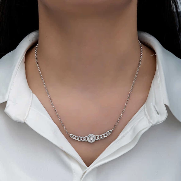 Gümüş Gurmet Zincirli Yuvarlak Baget Taşlı Kadın Kolye SL6160 - Resim 4