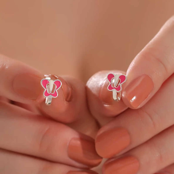 Gümüş Pembe Kelebek Çocuk Küpesi  SL6111 - Resim 2