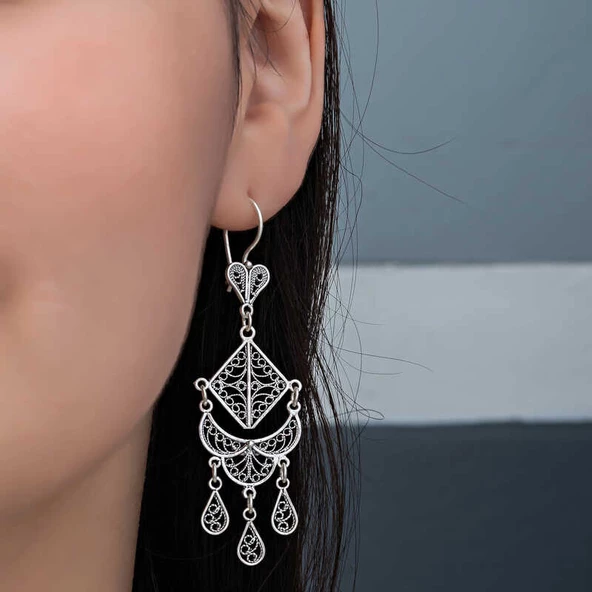 Gümüş Telkari Sallantılı Kadın Küpe  SL6241 - Resim 6