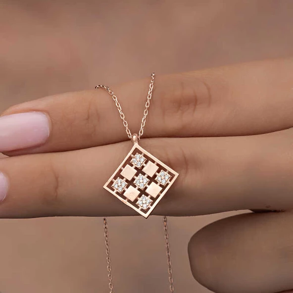 Gümüş Rose Dörtgen Zirkon Taşlı Kadın Kolye SL6283 ürün görseli