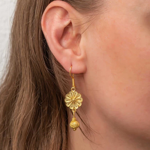 ​Gümüş Gold Sallantılı Trabzon Kazaz Kadın Küpe SL7283 - Resim 3