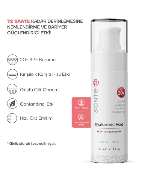 Sante Plus Yatıştırıcı Bariyer Güçlendirici Su Bazlı Hyaluronic Acid Nemlendirici Krem SPF 20+, 50 ML - 2
