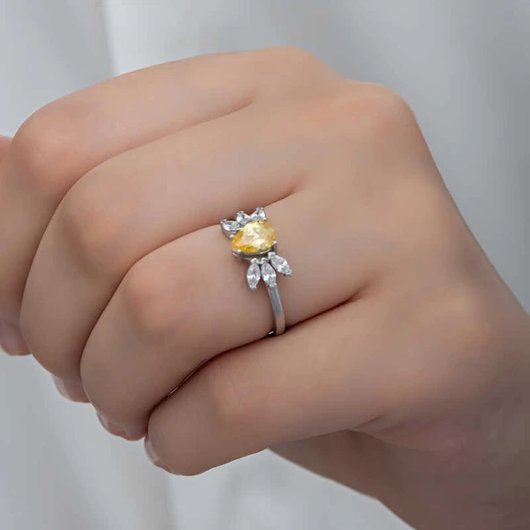 Gümüş Sarı Damla Zirkon Taşlı Kadın Yüzük SL6259 - Resim 8