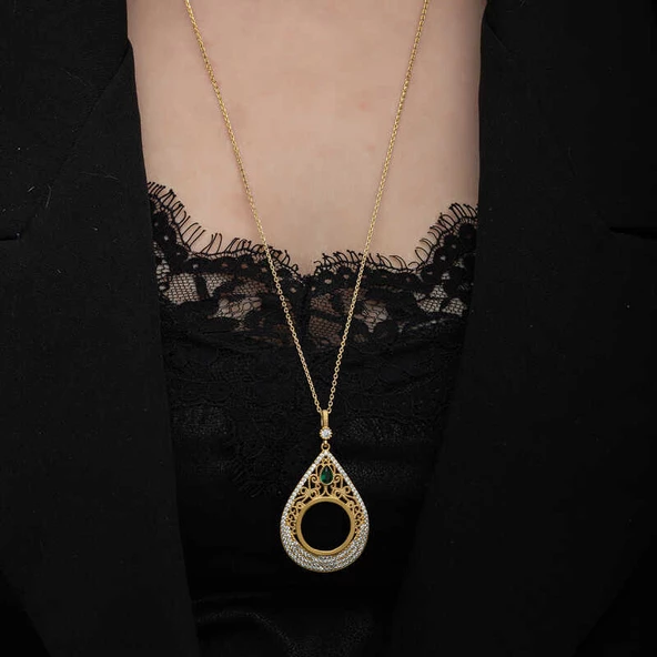 Gümüş Gold Kaplama Damla Çeyrek Takılabilen Kadın Kolye  SL6625 - Resim 11