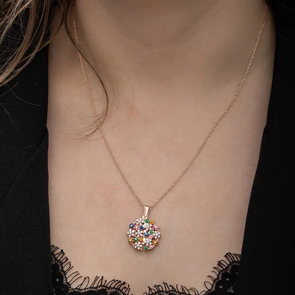 Gümüş Rose Renkli Çiçek Kişiye Özel Kadın Kolye SL6667 - Resim 10