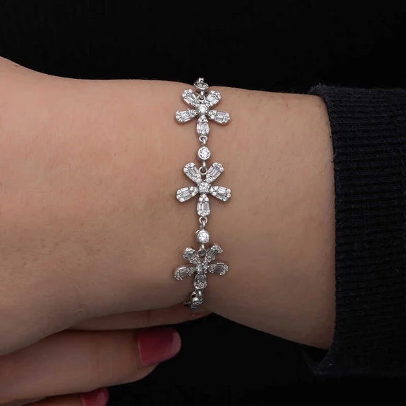 Gümüş Baget Çiçek Desenli Kadın Bileklik  SL6721 - Resim 2