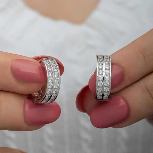 Gümüş Sıra Taşlı Halka Kadın Küpe SL6610 ürün görseli