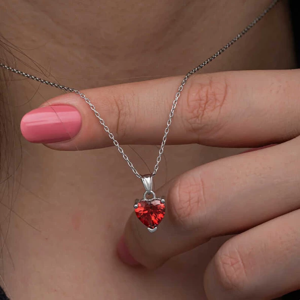 Gümüş Kırmızı Taşlı Kalpli Kadın Kolye  SL6922 - Resim 6