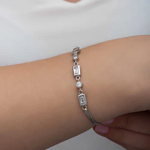 Gümüş Dikdörtgen Zirkon Taşlı Kadın Bileklik SL6342 - Resim 7