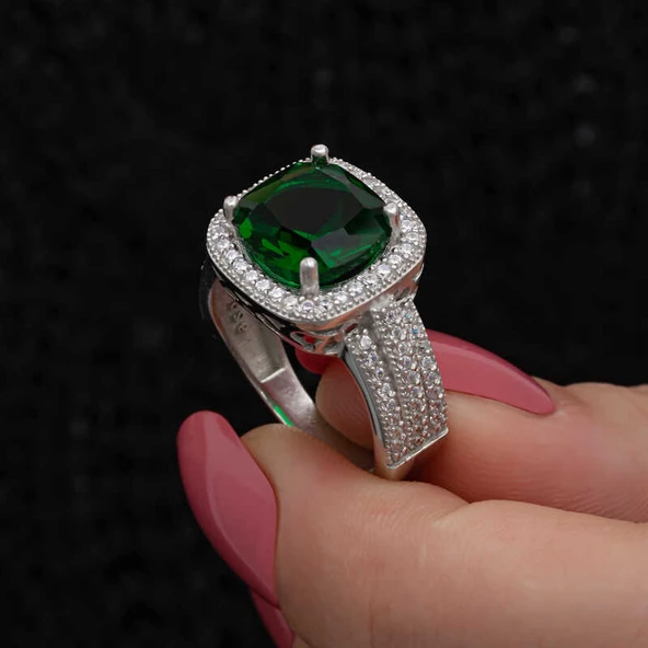 Gümüş Yeşil Baget Kare Kadın Yüzük SL7201 - Resim 11