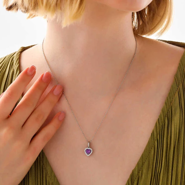 Gümüş Mor Taşlı Kalpli Kadın Kolye SL6985 - Resim 2