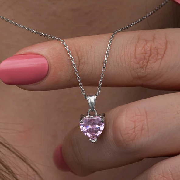 Gümüş Pembe Taşlı Kalpli Kadın Kolye SL6921 ürün görseli